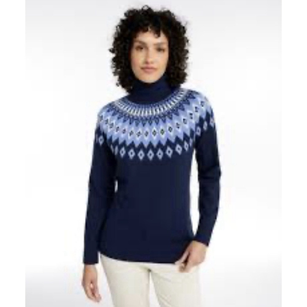 L.L. Bean Women's Navy Fair Isle Cotton Cashmere Turtleneck Sweater Medium $80 - Picture 1 of 6